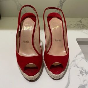 Christian Louboutin suede velvet sling back peep toe heels!